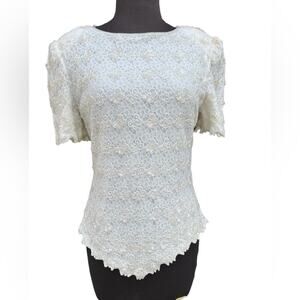 Vtg Laurence Kazar White Lace Floral Sequin Bold Shoulder Glam Coquette Blouse M